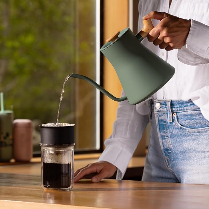 Gooseneck Electric Kettle, Brew Timer, 0.9 Liter | To-the-Degree Temp Control, Color LCD, Temp Hold, Stainless Steel, for Pour-Over Coffee & Tea, Quick Heating