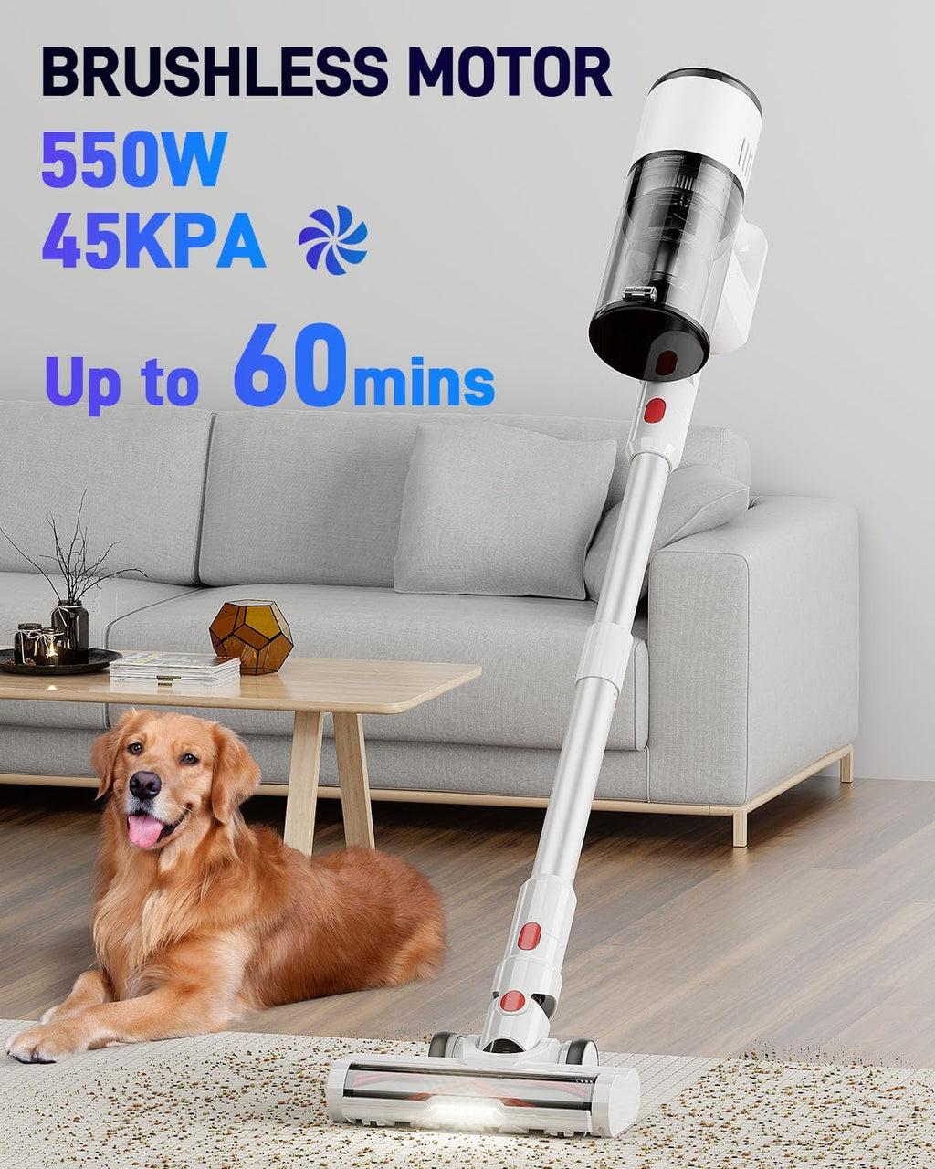 Cordless Vacuum Cleaner, 550W/45KPa Stick Vacuum with Up to 60 Mins Runtime, Detachable Battery, Lightweight 2-in-1 Handheld Vacuum for Pet Hair, Hardwood Floors, Carpet, Stairs & Car