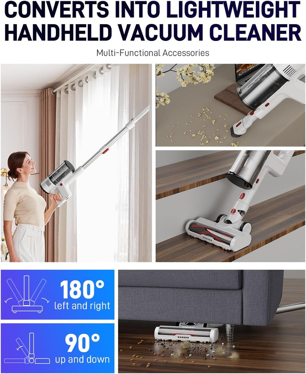 Cordless Vacuum Cleaner, 550W/45KPa Stick Vacuum with Up to 60 Mins Runtime, Detachable Battery, Lightweight 2-in-1 Handheld Vacuum for Pet Hair, Hardwood Floors, Carpet, Stairs & Car