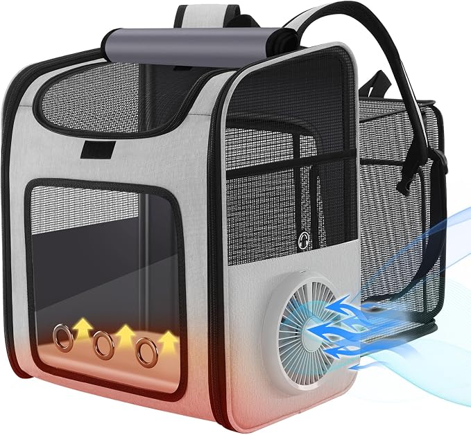 Smart Cat Backpack Carrier with Built-in Cooling Fan & Heating Pad, Expandable Pet Backpack for Cats and Small Dogs up to 16 lbs, Ventilated Travel Carrier for Hiking, Walking & Outdoor