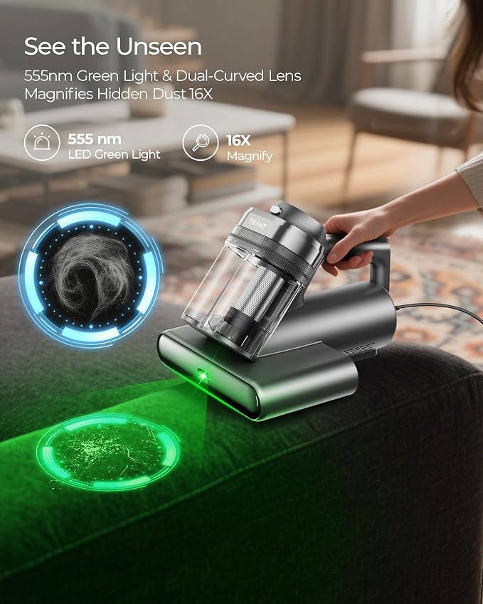 Mattress Bed Vacuum Cleaner, 16 kPa Suction & 253.7nm UV-C, MV-Blue | 2-Speed Mattress Vacuum with 33000 RPM Tapping, UV-C, Ultrasonic, 149℉ Heat, Anion, HEPA, Deep Clean for Bed and Pet Hair