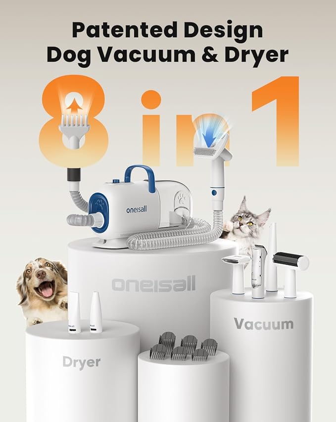 8-in-1 Dog Grooming Vacuum & Dryer for Shedding/Drying/Trimming | Vacuum & Blower & Metal Blade Pet Clippers, Adjustable 7-Temp & 3 Air Levels, All-in-One Dog Grooming Kit, Storage bag