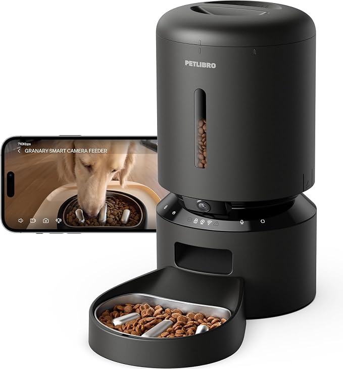 Automatic Dog Feeder with Camera, Auto Cat Food Dispenser Slow Feeders Dogs Bowl, 1080P HD Video with Night Vision, 5G WiFi with 2-Way Audio, Stainless Steel Slow Food Tray for Small Dogs
