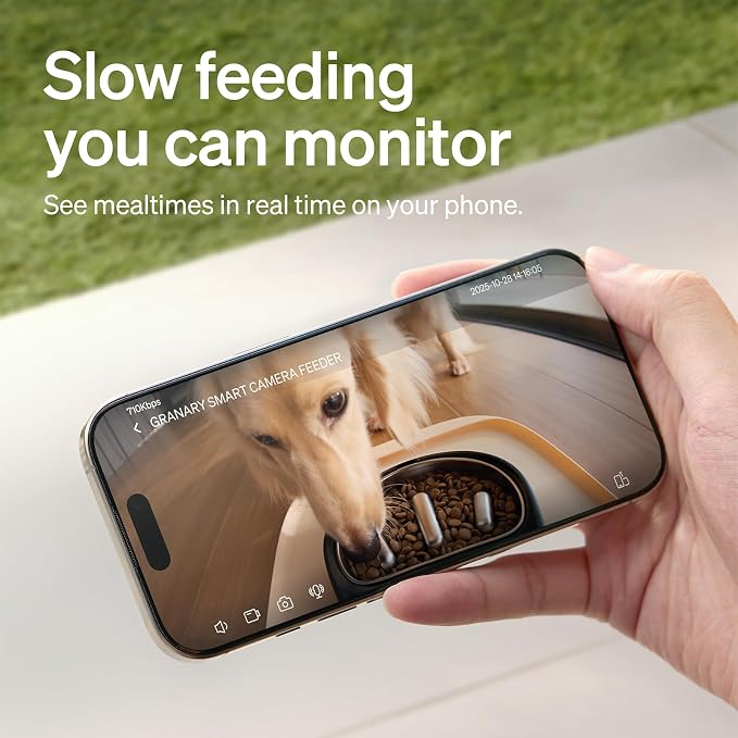 Automatic Dog Feeder with Camera, Auto Cat Food Dispenser Slow Feeders Dogs Bowl, 1080P HD Video with Night Vision, 5G WiFi with 2-Way Audio, Stainless Steel Slow Food Tray for Small Dogs