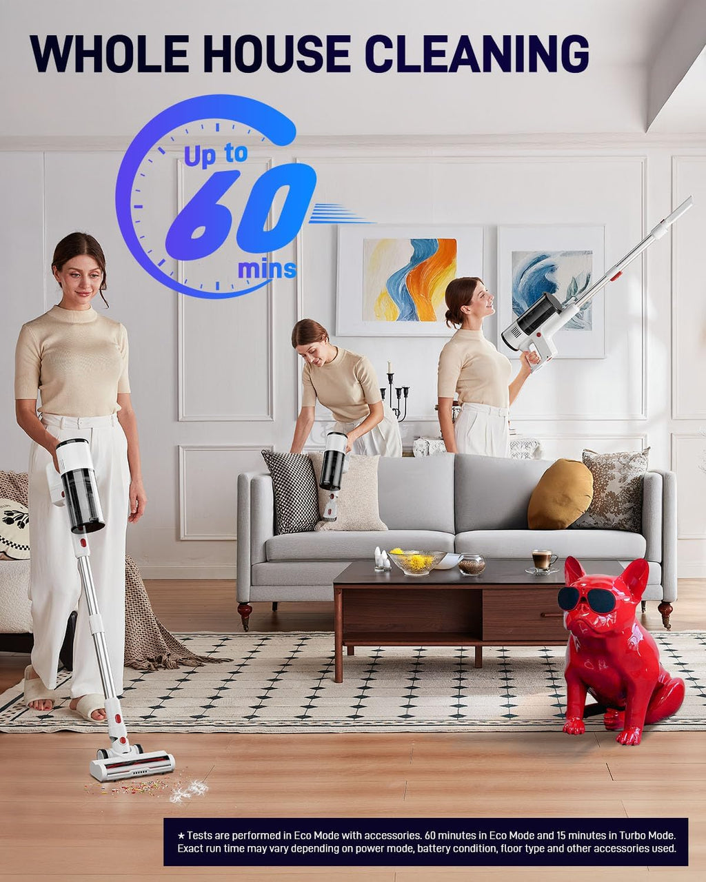 Cordless Vacuum Cleaner, 550W/45KPa Stick Vacuum with Up to 60 Mins Runtime, Detachable Battery, Lightweight 2-in-1 Handheld Vacuum for Pet Hair, Hardwood Floors, Carpet, Stairs & Car