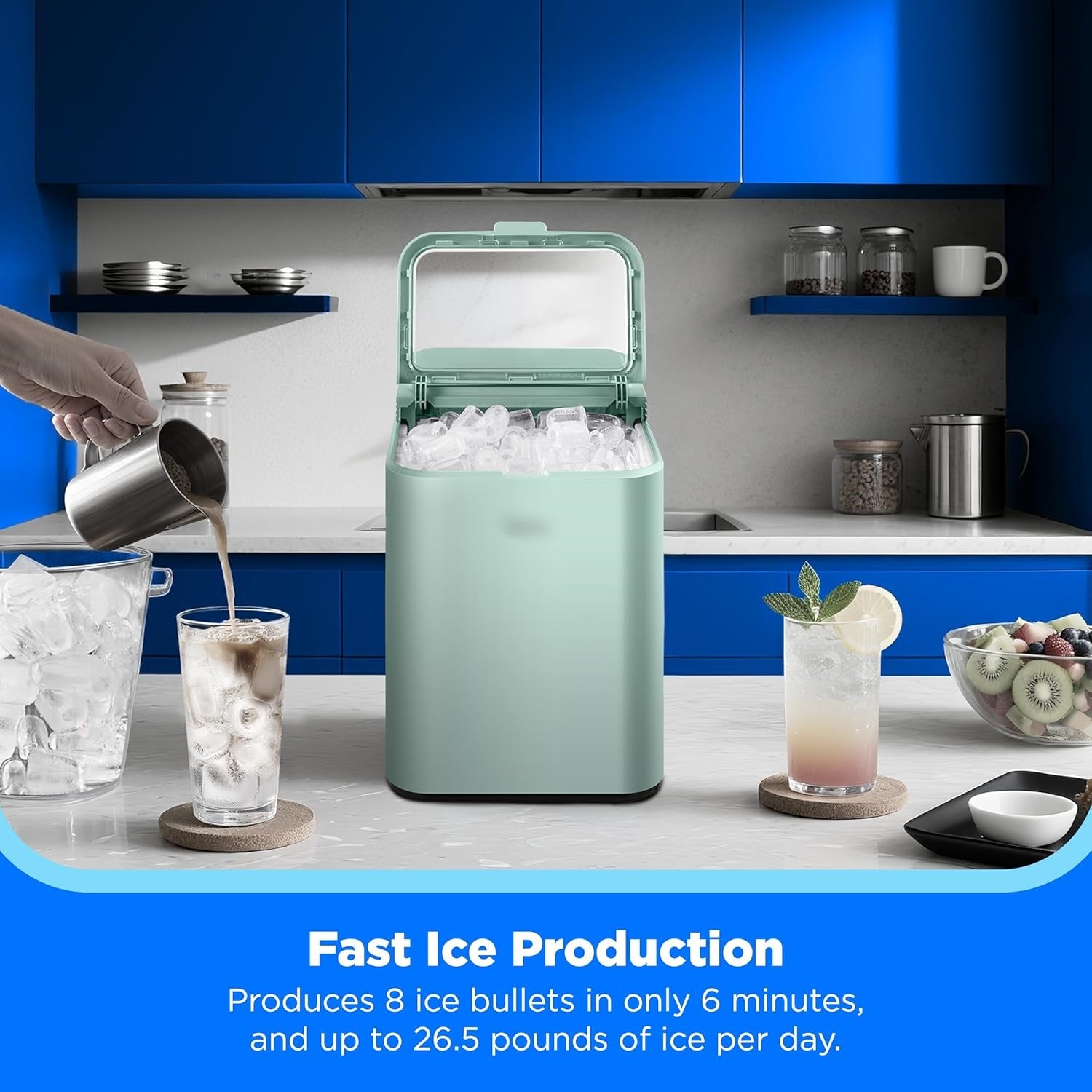 Countertop Bullet-Ice Maker, 8 Ice Bullets Ready in 6 Minutes, 26lbs/24H, Self-Cleaning Function with Ice Scoop and Basket for Home/Office/RV