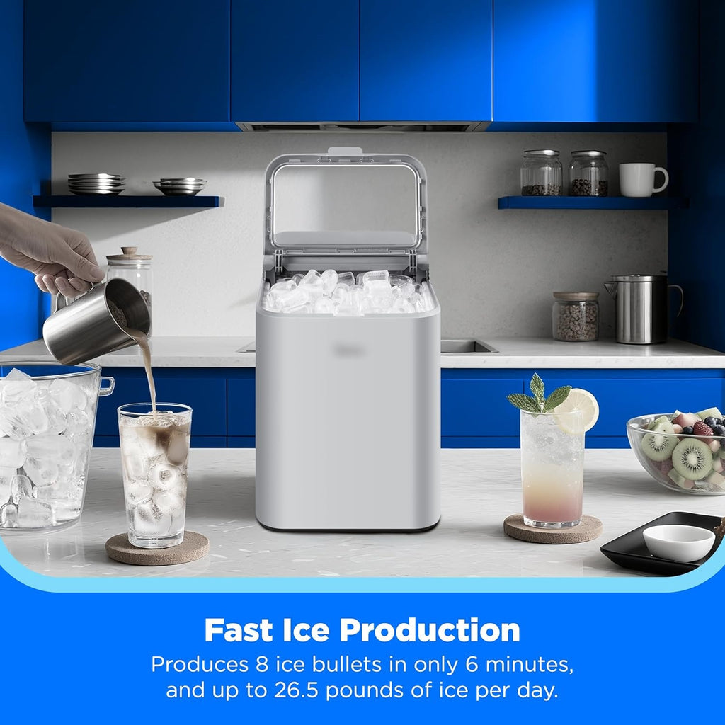 Countertop Bullet-Ice Maker, 8 Ice Bullets Ready in 6 Minutes, 26lbs/24H, Self-Cleaning Function with Ice Scoop and Basket for Home/Office/RV