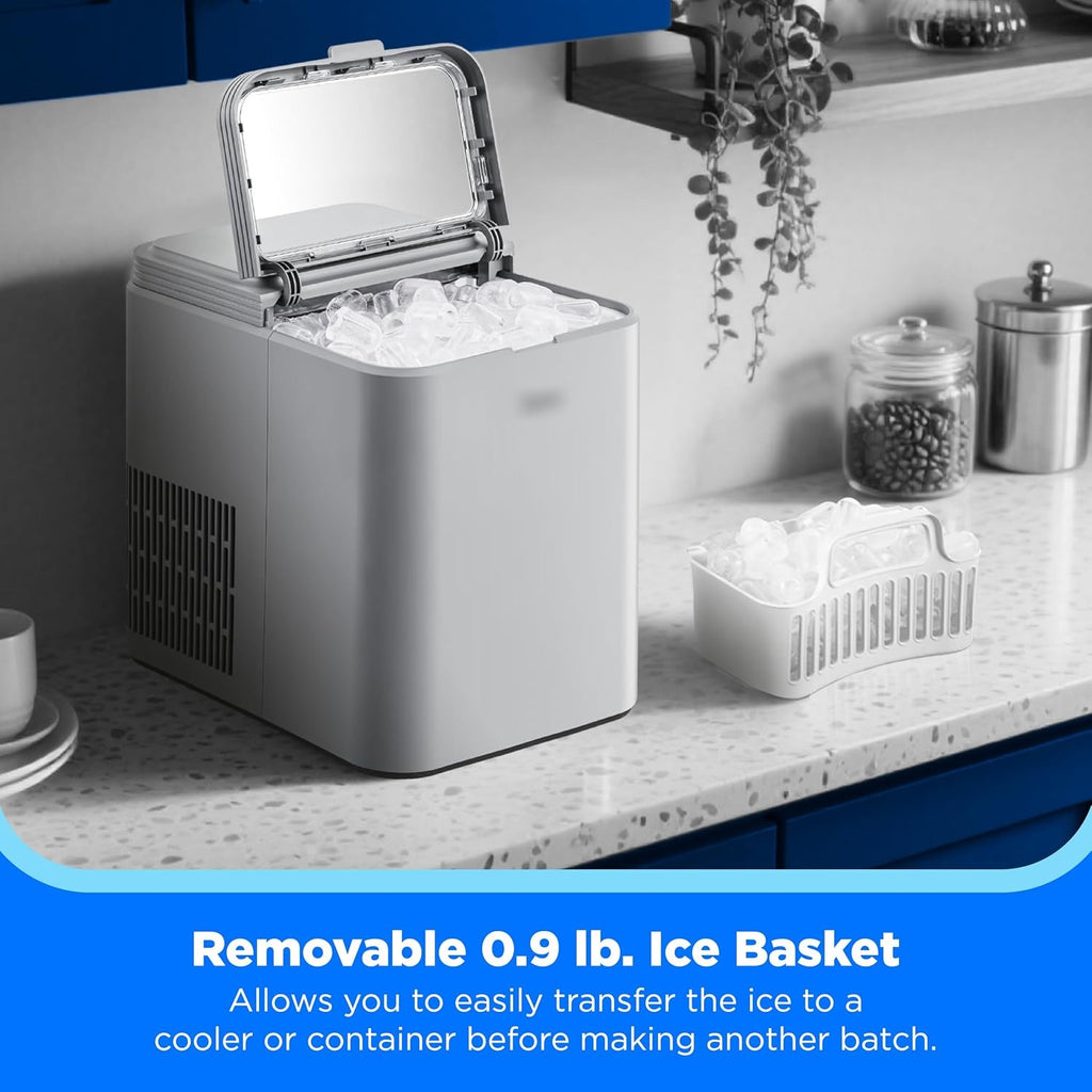 Countertop Bullet-Ice Maker, 8 Ice Bullets Ready in 6 Minutes, 26lbs/24H, Self-Cleaning Function with Ice Scoop and Basket for Home/Office/RV